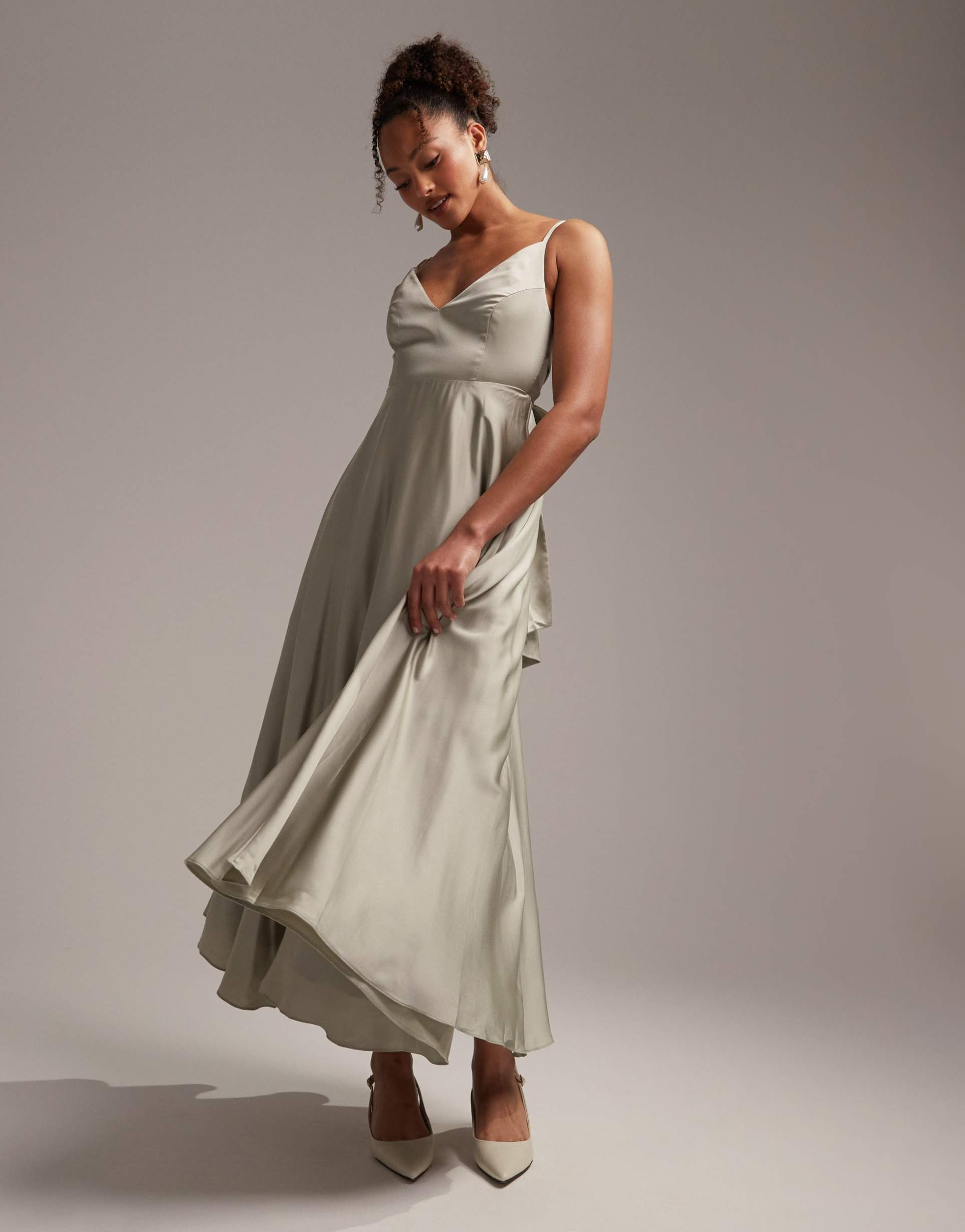 asos design bridesmaid satin midi dress with tie back in sage green