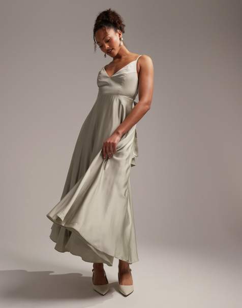 ASOS DESIGN Bridesmaid satin midi dress with tie back in sage green 