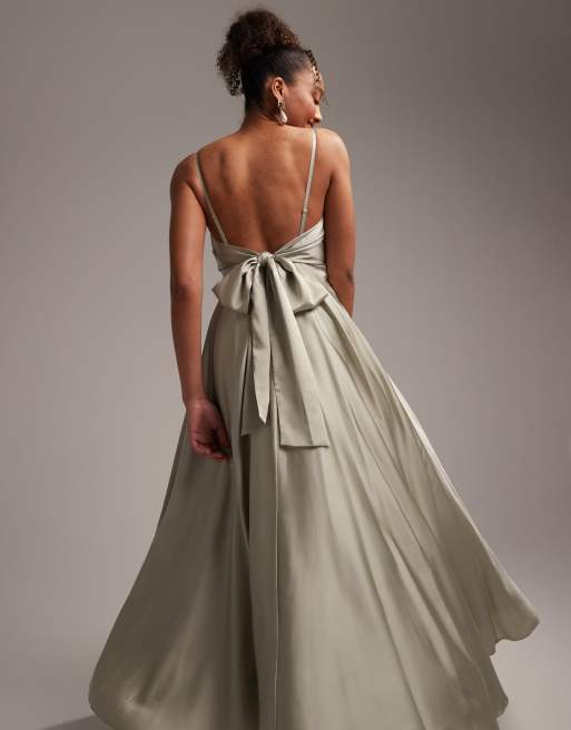 ASOS DESIGN Bridesmaid satin midi dress with tie back in sage 