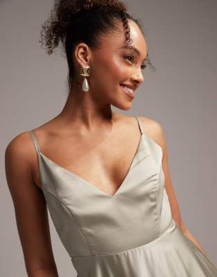 ASOS DESIGN Bridesmaid satin midi dress with tie back in sage green | ASOS