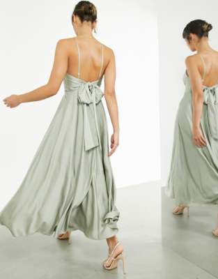 ASOS DESIGN Bridesmaid satin midi dress with tie back in sage green | ASOS