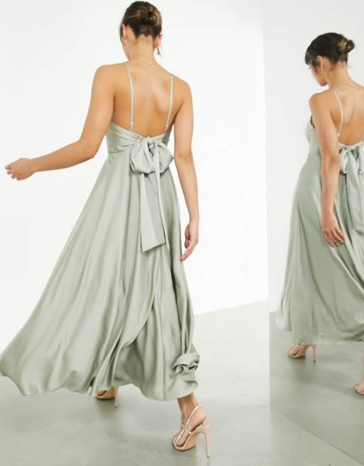 ASOS DESIGN Bridesmaid satin midi dress with tie back in sage green