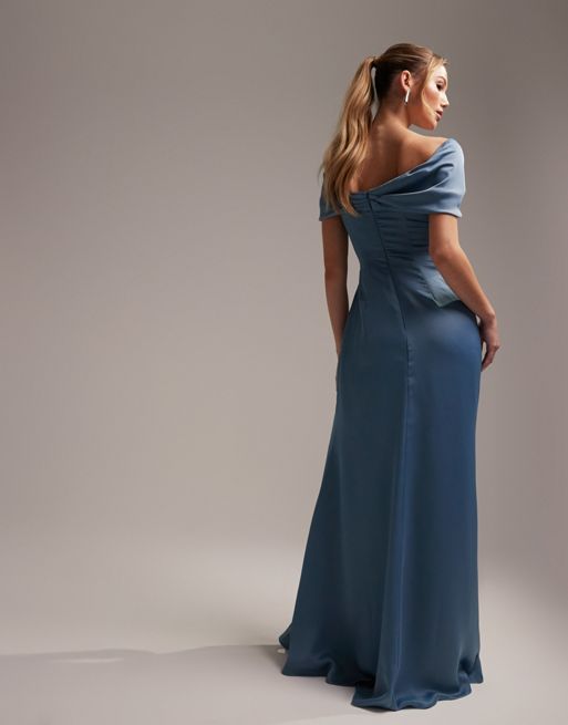 ASOS DESIGN off shoulder grecian drape midi dress in dusky blue