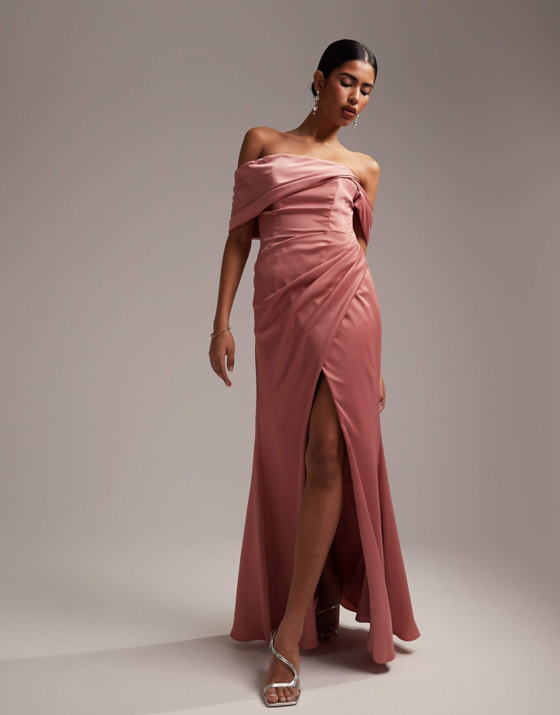 asos design bridesmaid satin off the shoulder drape wrap maxi dress in dusky rose