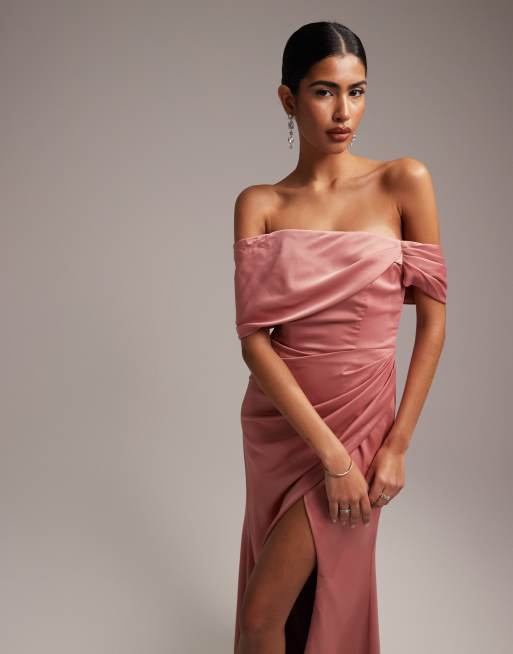 ASOS DESIGN Bridesmaid satin off the shoulder drape wrap maxi dress in  dusky rose