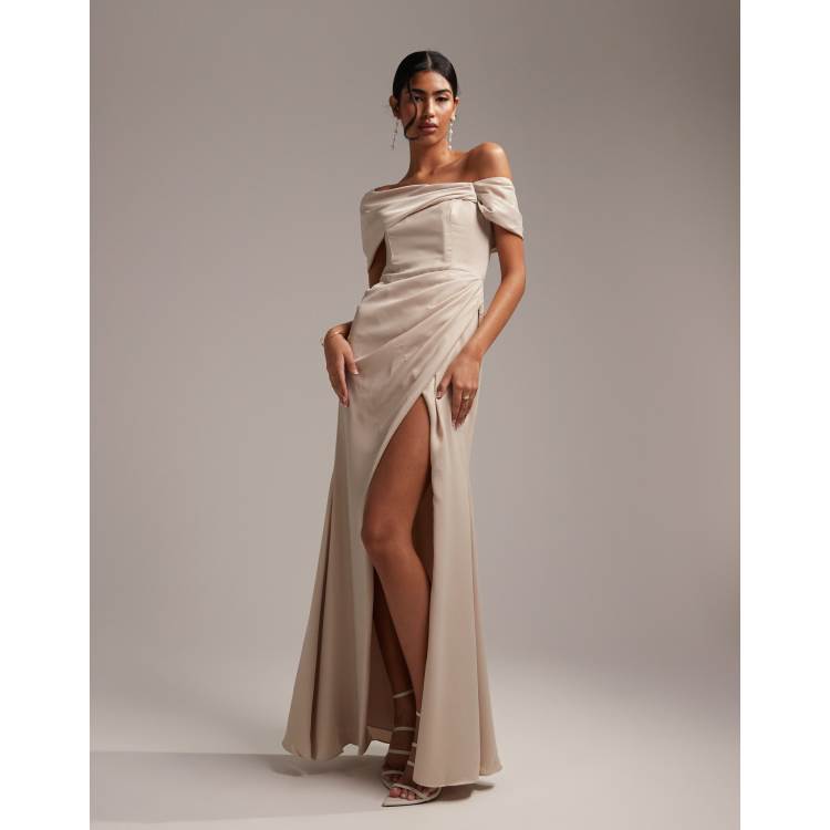 chinese dress ladies Rent Asos Edition Satin Bardot Drape Wrap Maxi Dress In Cinnamon Rose