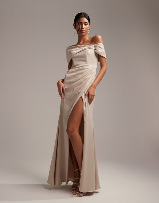 ASOS DESIGN Bridesmaid satin off the shoulder drape wrap maxi dress in  oyster