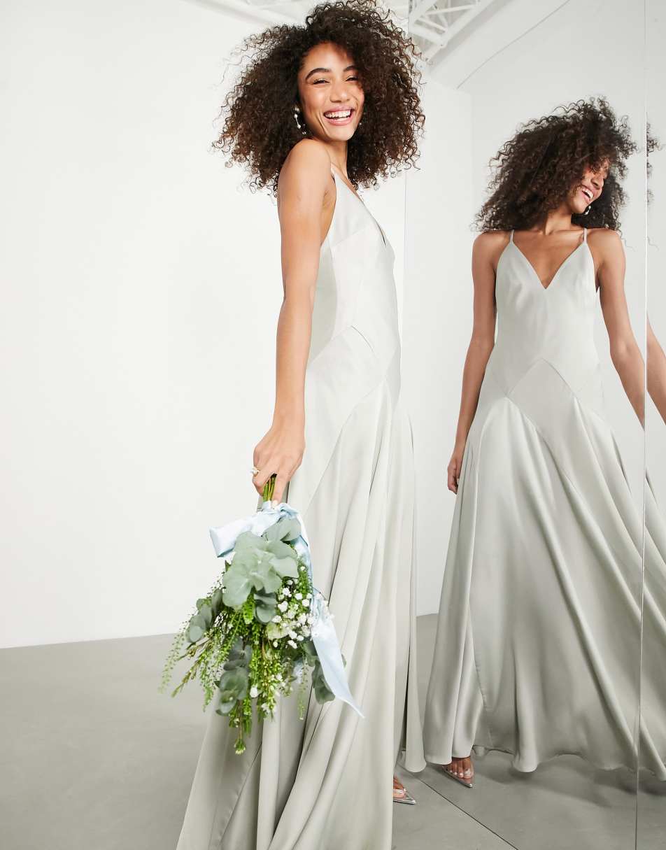 ASOS DESIGN Bridesmaid satin plunge maxi dress with cross back in sage  green - LGREEN - LGREEN