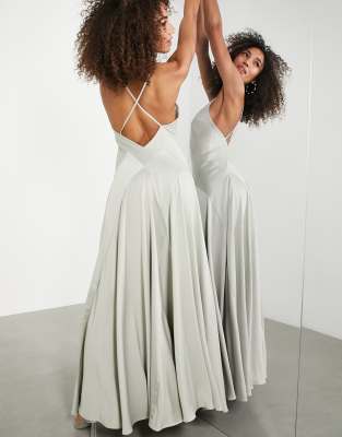 ASOS DESIGN Bridesmaid satin plunge maxi dress with cross back in sage green