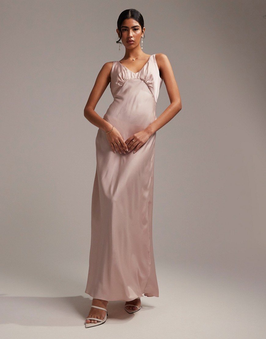 ASOS DESIGN Bridesmaid satin ruched bodice maxi dress with tie back and button back detail in blush-Pink