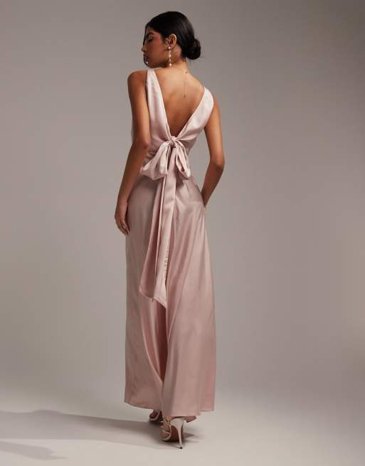 ASOS DESIGN Bridesmaid satin drape maxi dress with bow back in blush pink