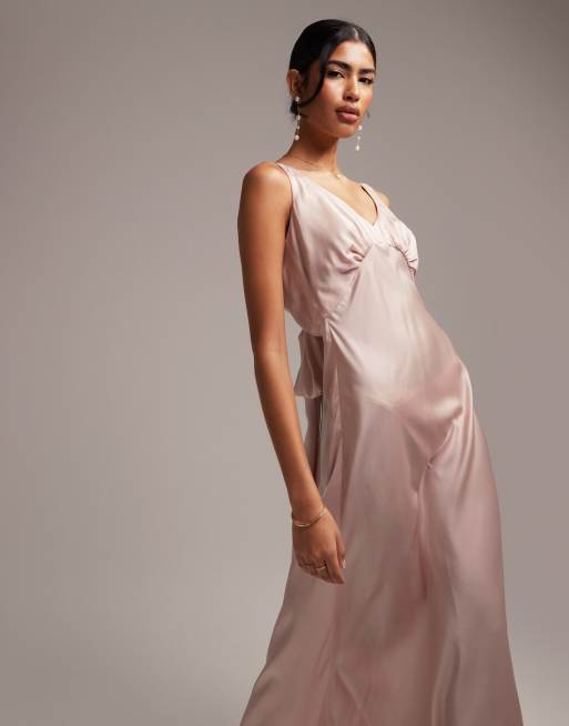 ASOS DESIGN Bridesmaid satin midi dress with tie back in blush