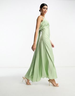 ASOS DESIGN Bridesmaid satin ruched bodice maxi dress with tie back in sage