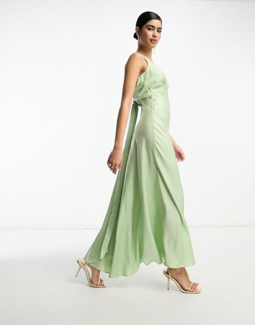 ASOS DESIGN Bridesmaid satin ruched halter neck maxi dress in sage green