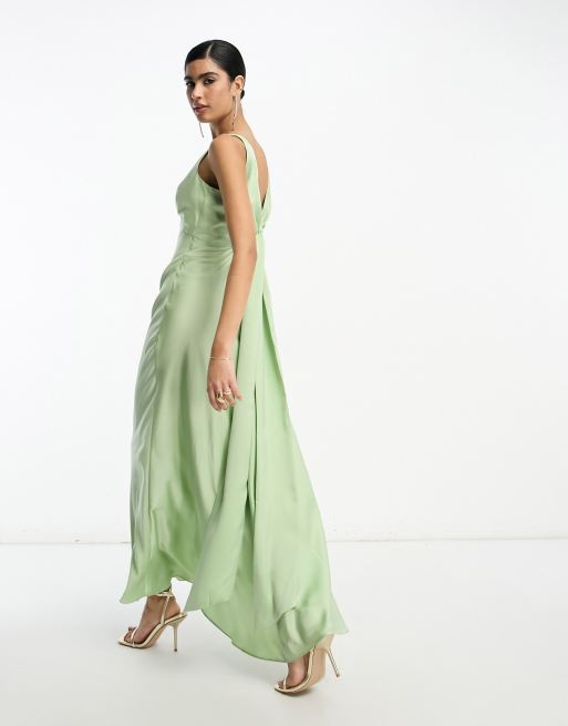 ASOS DESIGN Bridesmaid satin ruched bodice maxi dress with tie back in sage