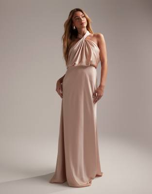 ASOS DESIGN Bridesmaid satin ruched halter neck maxi dress in wine