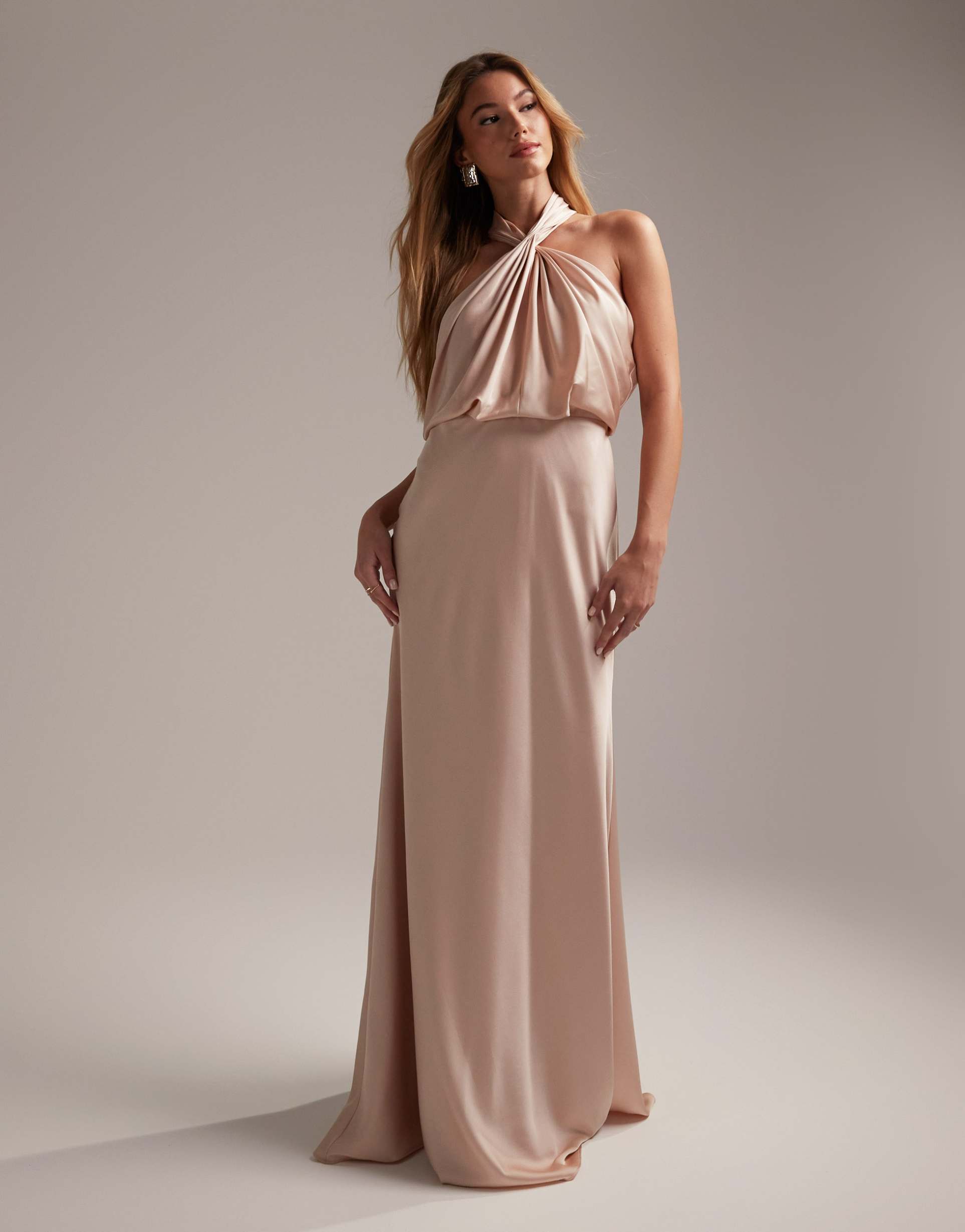 asos design bridesmaid satin ruched halter neck maxi dress in blush