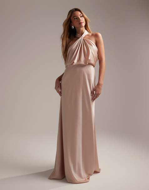 ASOS DESIGN Bridesmaid satin ruched halter neck maxi dress in blush