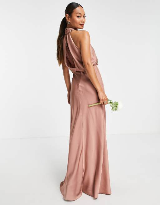 ASOS DESIGN Bridesmaid satin ruched halter neck maxi dress in