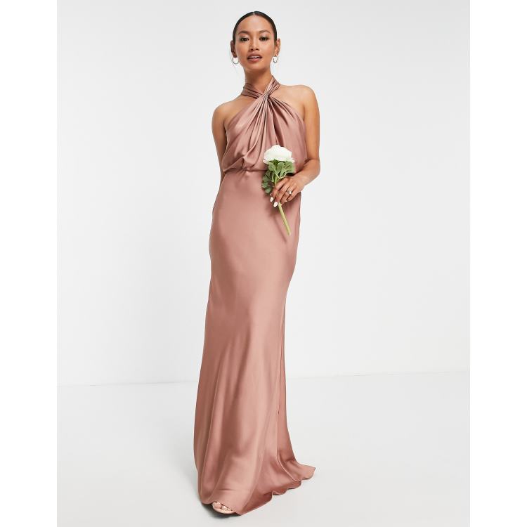 ASOS DESIGN Bridesmaid satin ruched halter neck maxi dress in