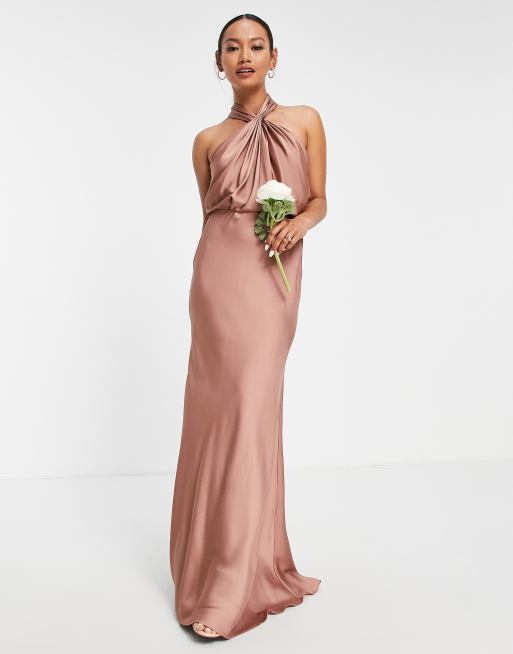 ASOS DESIGN Bridesmaid maxi dress with curved neckline and satin