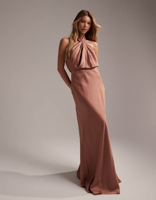 ASOS DESIGN Bridesmaid satin ruched halter neck maxi dress in cinnamon rose