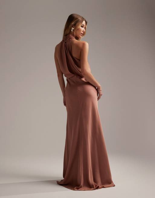 ASOS DESIGN ASOS DESIGN Bridesmaid satin ruched halter neck maxi dress in  mocha - - ShopStyle