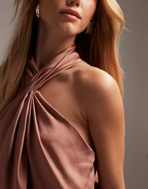 ASOS DESIGN Bridesmaid satin ruched halter neck maxi dress in cinnamon rose, 3 of 5