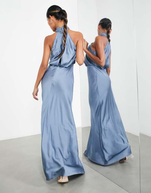 ASOS DESIGN Bridesmaid satin ruched halter neck maxi dress in dusky blue