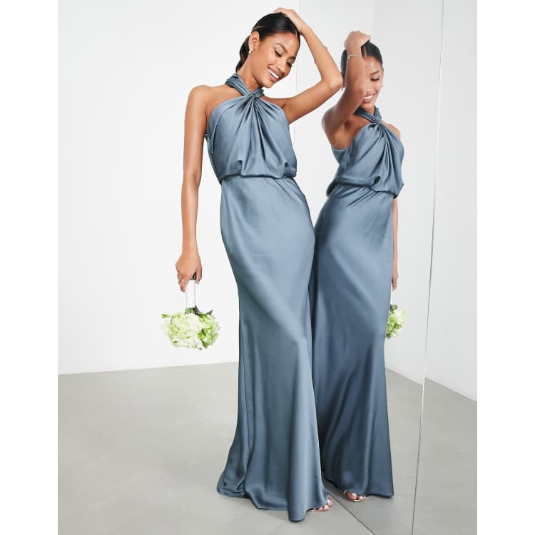 ASOS DESIGN Bridesmaid satin ruched halter neck maxi dress in sage green