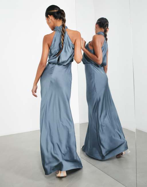 ASOS DESIGN Bridesmaid satin ruched halter neck maxi dress in dusky blue ASOS