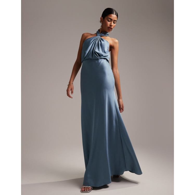 ASOS DESIGN Bridesmaid satin ruched halter neck maxi dress in sage