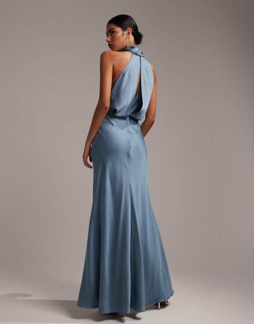 ASOS DESIGN Bridesmaid satin ruched halter neck maxi dress in dusky blue