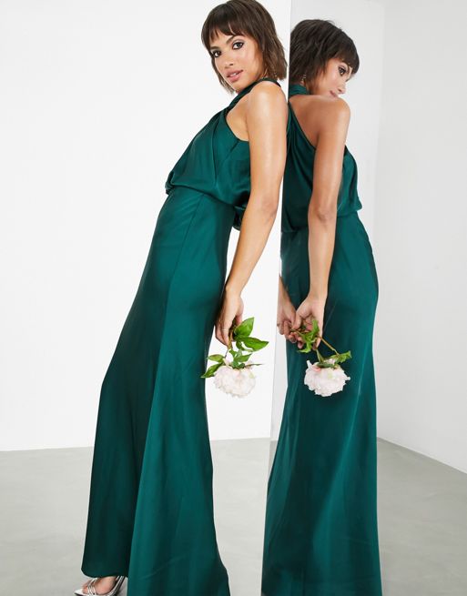 ASOS DESIGN Bridesmaid satin ruched halter neck maxi dress in sage green