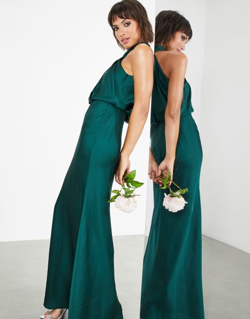 ASOS DESIGN Bridesmaid satin ruched halter neck maxi dress in forest green