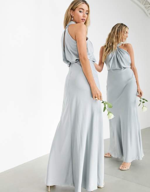 ASOS DESIGN Bridesmaid satin ruched halter neck maxi dress in sage green