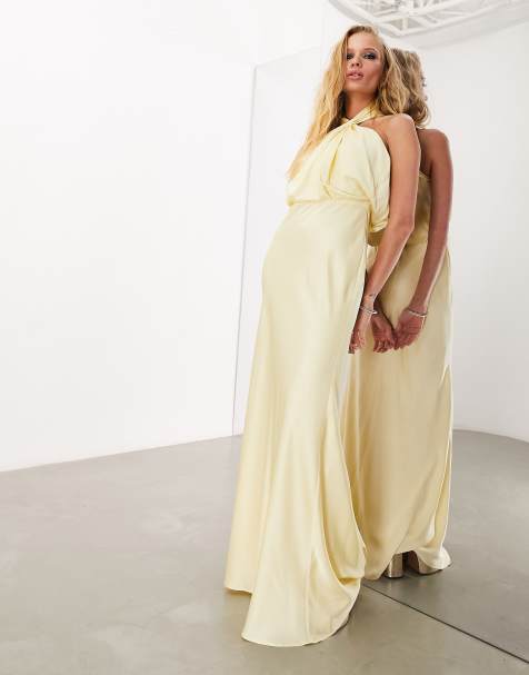 ASOS DESIGN Bridesmaid satin ruched halter neck maxi dress in lemon - view 1