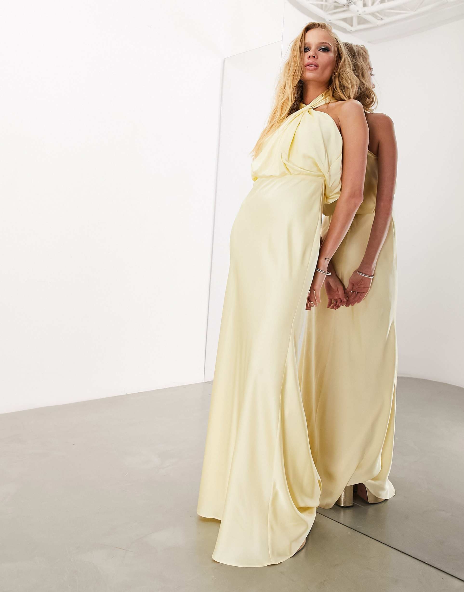 asos design bridesmaid satin ruched halter neck maxi dress in lemon