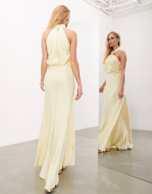 ASOS DESIGN Bridesmaid satin ruched halter neck maxi dress in sage green