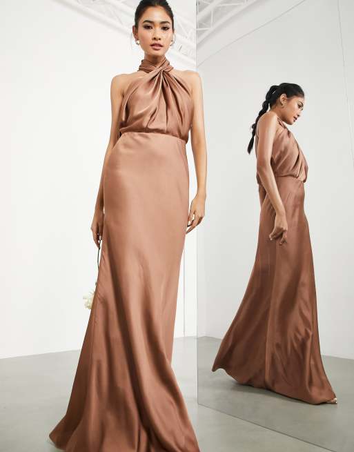 ASOS DESIGN Bridesmaid satin ruched halter neck maxi dress in mocha - BROWN  - BROWN