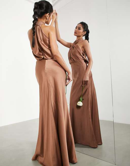 ASOS DESIGN Bridesmaid satin ruched halter neck maxi dress in mocha - BROWN  - BROWN