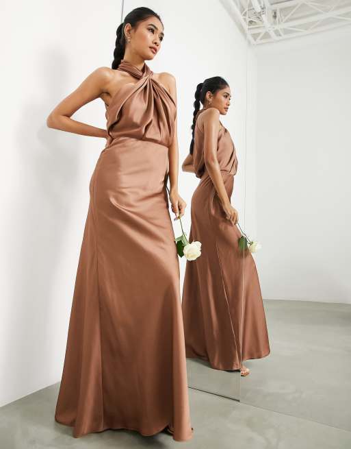 ASOS DESIGN Bridesmaid satin ruched halter neck maxi dress in mocha - BROWN  - BROWN