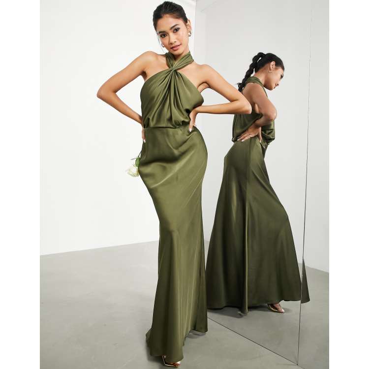 ASOS DESIGN Bridesmaid satin ruched halter neck maxi dress in