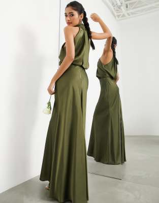 ASOS DESIGN Bridesmaid satin ruched halter neck maxi dress in olive | ASOS