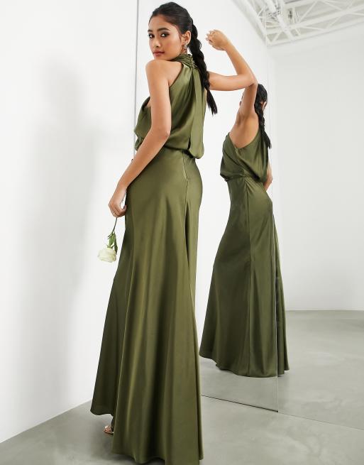 ASOS DESIGN ASOS DESIGN Bridesmaid satin ruched halter neck maxi dress in  mocha - - ShopStyle