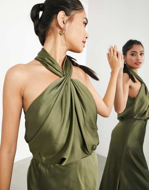 ASOS DESIGN Bridesmaid satin ruched halter neck maxi dress in olive ASOS