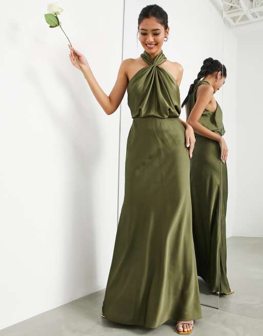 ASOS DESIGN one shoulder premium draped maxi dress with train detail in  chocolate brown