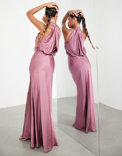 ASOS DESIGN Bridesmaid satin ruched halter neck maxi dress in