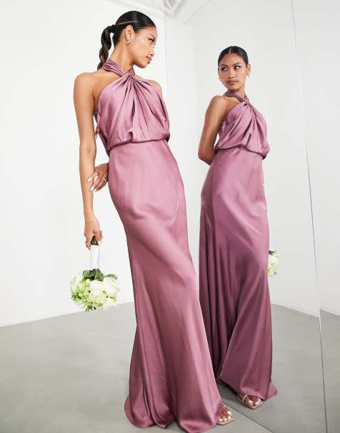 ASOS DESIGN Bridesmaid satin square neck maxi dress in lilac