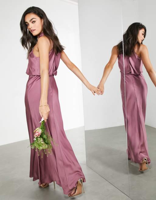 ASOS DESIGN Bridesmaid satin ruched halter neck maxi dress in olive